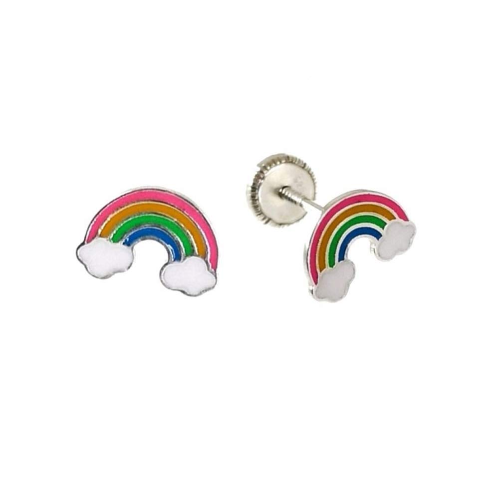 Minoplata Pendientes Infantiles Arcoíris de Plata de Ley con Cierre bebé Preciosos para Hacer un Regalo a niñas coquetas por su cumpleaños
