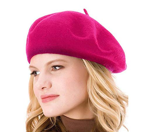 Womens Solid Color Beret 100% Wool French Beanie Cap Hat (Rose red)