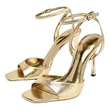 AZAGNEEM Strappy Stilettos Heeled Sandals for Women Sexy Fashion Square Open Toe Ankle Strap Slingback High Heels for Party Wedding Dress Daily Dress Shoes (gold,7)