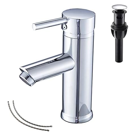 GGStudy Chrome Single Handle One Hole Bathroom Sink Faucet Stainless Steel Matching Pop Up Drain with Overflow Cover