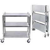 3 Shelf Stainless Steel Utility Service Cart Folding Collapsible Serving Cart with Wheels 300lbs Kit