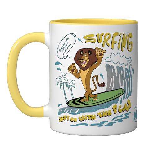 DreamWorks Madagascar Alex Surfing 90s Retro Ceramic Mug, Yellow/White, 11oz