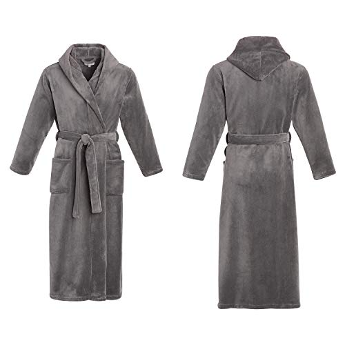 Alexander Del Rossa Men’s Robe, Plush Fleece Hooded Bathrobe With Two Large Front Pockets And Tie Closure, Steel Gray, Large-X-Large #TOP3