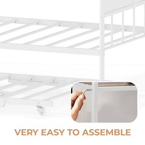 Daybed With Trundle, Metal Twin Size Day Bed With Stylish Headboard, Sofa BedFrame With Pop Up Foldable Trundle Bed, Heavy Duty Steel Slats Platform for Living Room, Bedroom and Guest Room, White