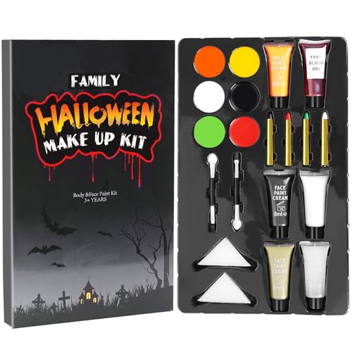 Halloween Family Makeup Kit, All-in-one Easy On & Easy Off set for Halloween Party Supplies, Halloween Cosplay, Face Paint & Body Paint, Halloween Costume Makeup, Zombie Cosplay