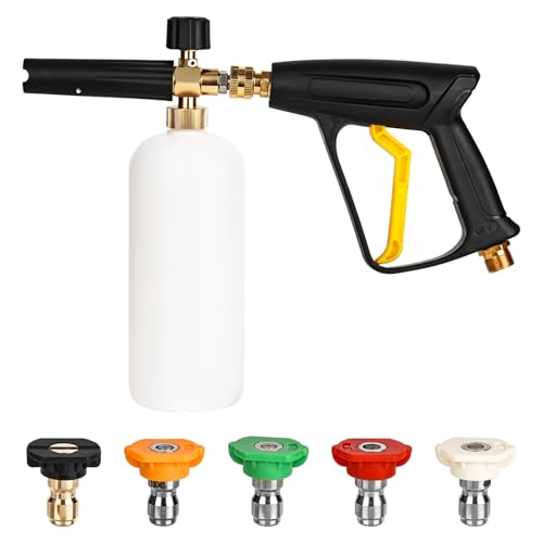 Pressure Washer Foam Cannon Lance Gun, 1L Adjustable 1/4 Quick Release Foam Cannon, 4000PSI Snow Foam Gun with 5 Water Nozzle Tip, Snow Foam Lance Soap Dispenser for Garden Cleaning,Car Washing
