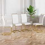 Baysitone Modern Dining Chairs Set of 4, PU Faux Leather High Back Upholstered Dining Room Side Chair with Horizontal Stripe Backrest Design for Kitchen Living Room White with Gold Legs