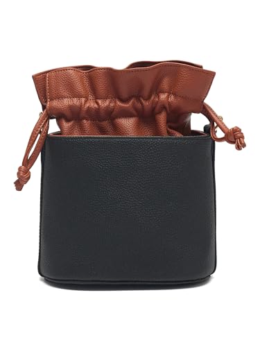 Image of white lily Women's Bucket Bag with Drawstring, Black and Brown Two-Tone, Adjustable Shoulder Strap