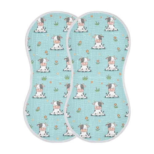 J JOYSAY Flowers Cow Teal Baby Burp Cloths for Boys Girls Large 22''x11'' Cotton 4 Layer Baby Infant Burp Cloths for Baby Sensitive Skin one sizex2
