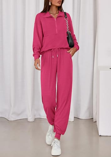 Image of PRETTYGARDEN Women 2 Piece Ribbed Knit Matching Lounge Sets | Comfy Sweat Track Suits, Athleisure Casual Outfit, Half Zip Sweatshirt & Jogger Pants, Fall Winter Clothes for Airport Travel
