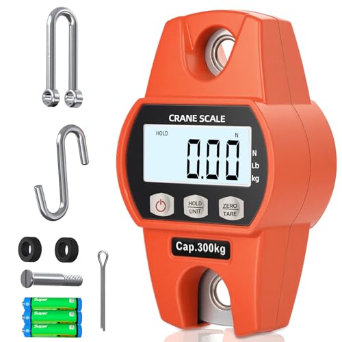 WISHSOM Hanging Scale 660lb/300kg - High-Accuracy Crane Scale with Aluminum Frame and LCD Display. Functions as Fishing Scale and Luggage Scale. for Farm, Hunting, Fitness, and Travel Weighing