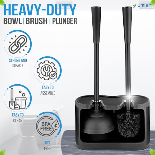 Image of UMIEN Toilet Brush and Plunger Set 18-in - Updated 2025 No-Rust - Stainless Steel Design - Long Handles - with Freestanding Canister (Matte Black)