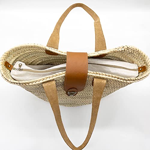 Bolso de paja con asas de cuero estilo canasto francés miniatura 3