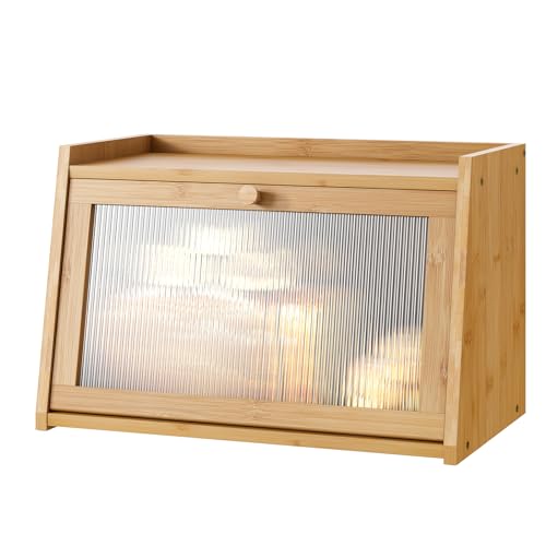kiplant Bread Box for Kitchen Counter, Large Bamboo Bread Storage Container with Wavy Arcylic Door, Bamboo Wooden Farmhouse Bread Box for Your House (Natural, Medium)