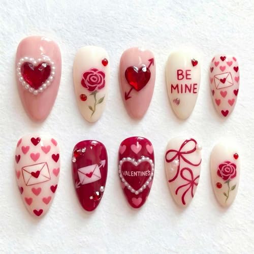 24Pcs Valentines Press on Nails Medium Almond Fake Nails with 3D Heart Pearl Rhinestones Romantic Bow Rose Flower Acrylic Nails Cute Hearts Valentine False Nail Rose Full Cover Glue on Nails for Women