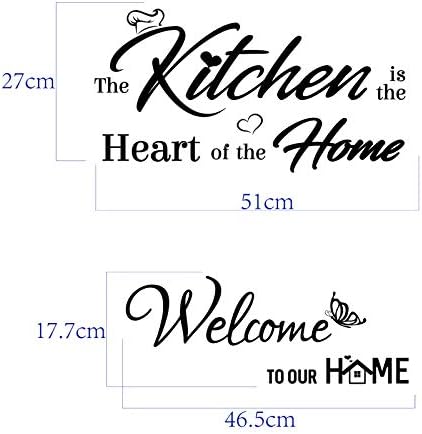 2 Pcs Welcome to Our Home and The Kitchen is The Heart of The Home Wall Decal Stickers PVC Letters Art Words Removable Window Living Room Kitchen Decoration for Party Christmas Day New Year (Black)