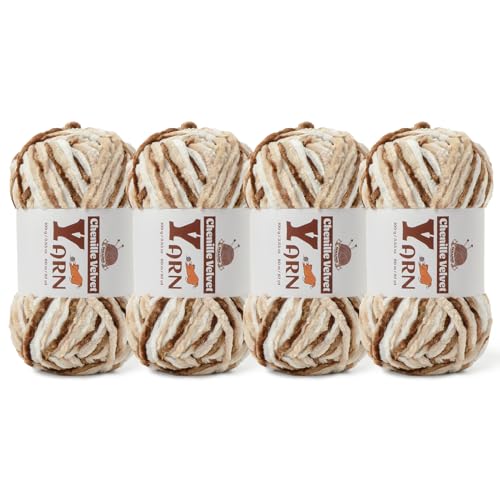 Image of 4 Pack Plush Chenille Chunky Yarn - Fluffy Velvet Yarn Crochet for Blanket Knitting and Crocheting - Soft Baby Yarns for Crocheting - Amigurumi Crochet Yarns 100g (87yds) (4 White Coffee)
