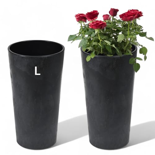 MELTOM Blumenkübel Rund Betoneffekt mit Herausnehmbaren Einsatz Blumentopf Pflankübel (Schwarz, L - 47 cm)