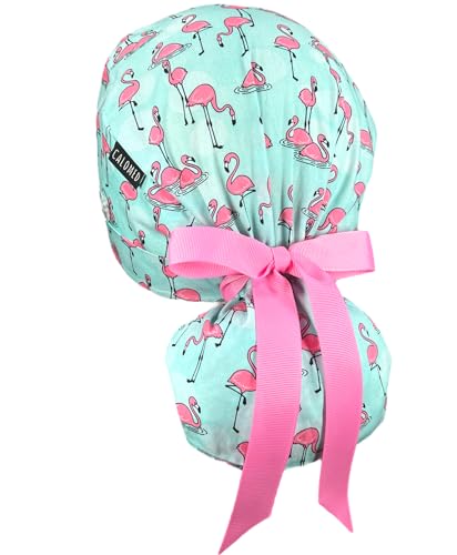 Image of Scrub Cap for Women and Men, Ponytail Scrub Caps, Working Hat, Head Cover with Ribbon Ties and Buttons, Long Hair