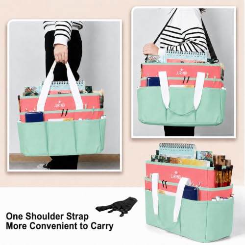 Image of JJRING Craft Organizer Tote Bag Large Art Storage Caddy Green and Orange | With Multiple Pockets For Sewing, Scrapbooking, School, Medical, And Office Supplies