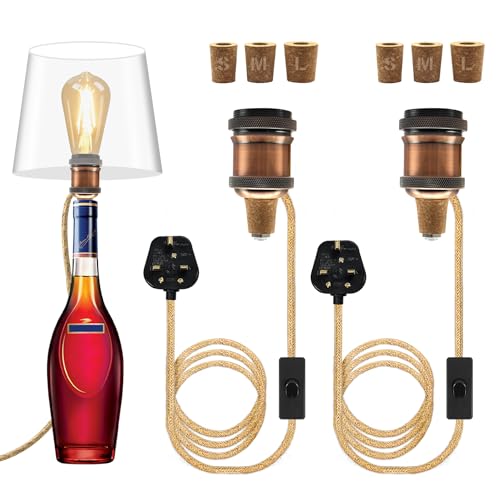 2 Packs DIY Bottle Lamp Kit, E27 Ceramic Lamp Holder, 240CM Hemp Rope Cable, Bottle Light Adaptor Kit with 3 Sizes of Stoppers, Table Lamp Kits Do It Yourself UK, Light Fittings for Bottles, Dark Red