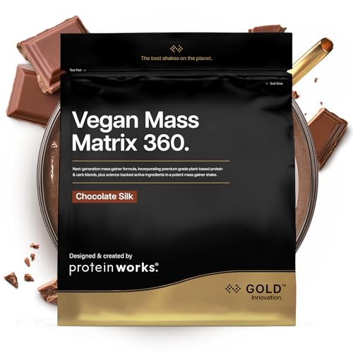 Protein Works | Vegan Mass Matrix 360 – GOLD Innovation, veganer Mass Gainer, Gewichtszunahme-Supplement, Tri-Protein-Mix, Aminosäuren, Post-Workout Proteinshake, Chocolate Silk, 10 Portionen, 2kg