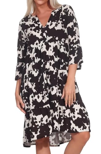 Sublevel Damen Viskose Mini-Kleid Tunika 3/4 Arm LSL-413 mit Kuhmuster Dark Brown L