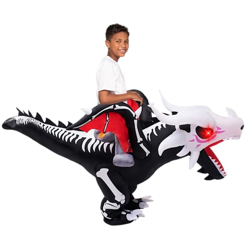 Spooktacular Creations inflatable dragon skeleton costume for kids approximately 7 to 10 years with LED light-up eyes pump and power box