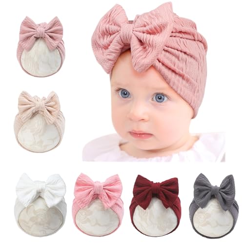 Image of Esumun Baby Girls Hair Bow Turban Hat 6PCS Set, Top Bowknot Head Wrap Beanie India Caps for Infant Toddlers