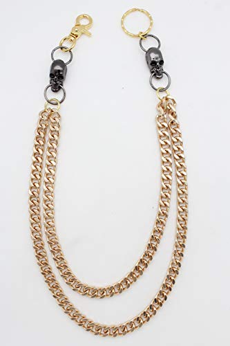 TFJ Men Gold Wallet Chain Links Biker Gothic Black Skull Charm Long 2 Strands2