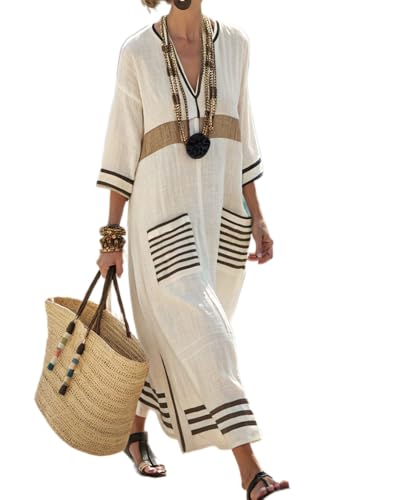 TIAFORD Women's Striped 3/4 Sleeve Cotton Linen Maxi Dress Summer Oversized Casual Kaftan Dress for Women with Pockets