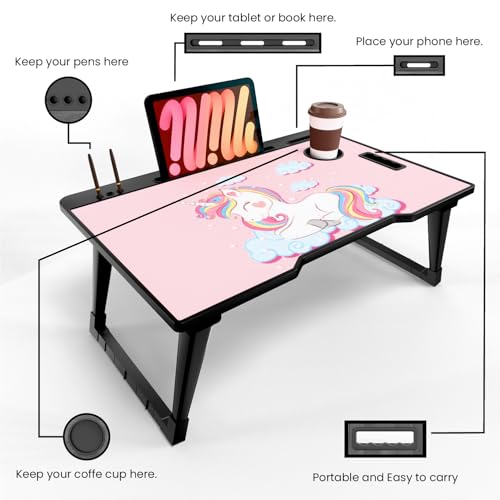 Image of Foldable Wooden Mini Laptop Table for Bed, Study Table with Drawer, Tablet /Mobile Holder for Kids & Adults (COTTED UK)