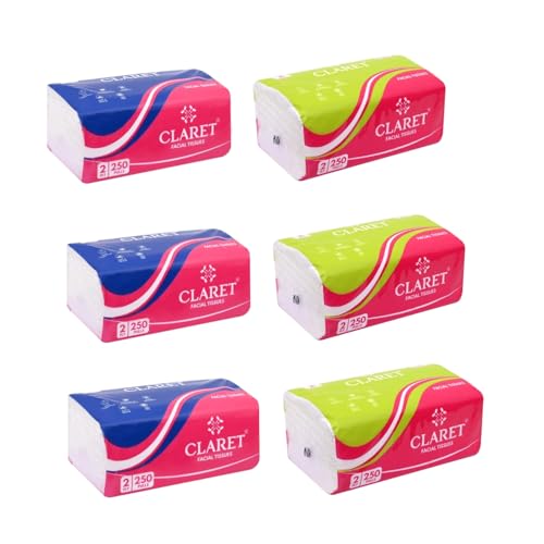 Image of Claret 2-Ply Facial Tissue | Makeup Removal Tissue Wipes | Tissue Paper For Office Desk | Car Accessories | 250 Pulls Super Soft & Highly Absorbent | Pack of 6