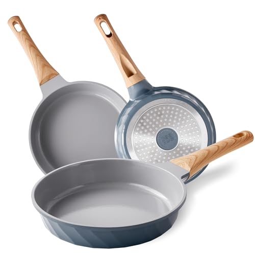 RIOVARM Induzione Set di padelle Ceramica Antiaderente Set di pentole senza PFOA 20 cm 24 cm 28 cm Padelle per omelette con manici in bachelite a grana di legno Grigio e blu