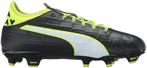 PUMA Unisex-Child Evotouch 3 Firm Ground Soccer Shoe, Black-White-Safety Yellow, 4 M US Big Kid