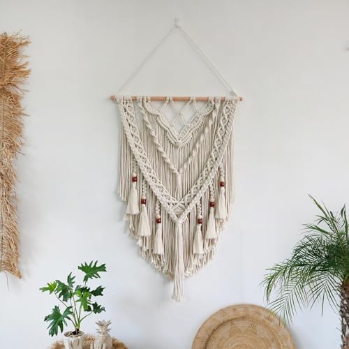 ANAZOZ Tapiz bohemio de macramé, decoración de pared, macramé, algodón, tejido con borlas, tapiz bohemio para dormitorio, salón, habitación infantil, 70 x 55 cm, beige