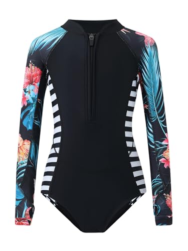 Image of Girls Long Sleeve One-Piece Swimsuit: Rashguard UV Protection Swimwear Bathing Suit