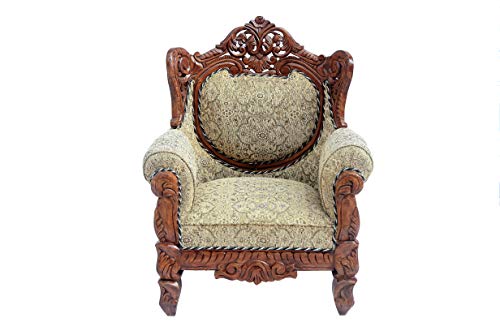 Image of Wooden 5 Seater Sofa Set, Solid Wood Sofa | 3+1+1 Natural Brown Finish with Fabric Seating | Traditional Design Furniture for Living Room, Home, Office