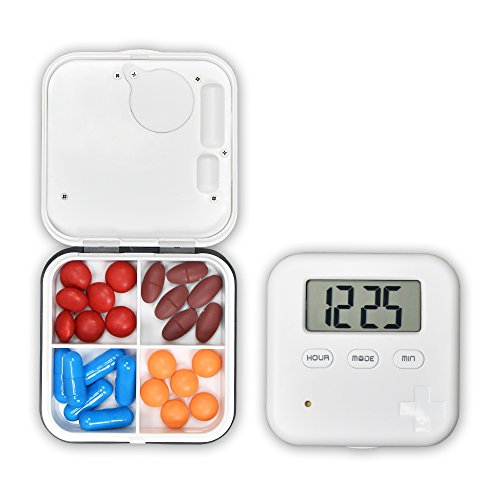 U-Trak Pill Box Alarm Pill Organizer Mini Portable Daily Pill Case with Digital Alarm Clock Reminder 4 Compartments Black