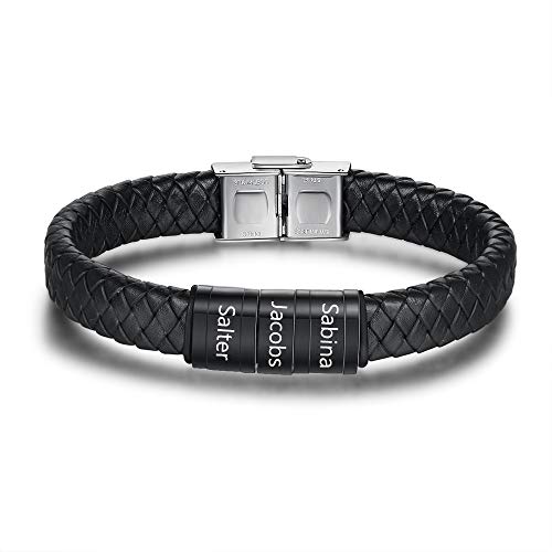 kaululu Bracciale Pelle Uomo Personalizzato in Argento con Famiglia Coppia Nomi Incisione Braccialetti Uomo con 3 Nomi per Padre Fidanzato Migliore Amico Personalizzati Bracciali （Black）