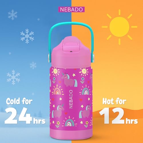 Image of Kids Stainless Steel Insulated Water Bottle with Straw 12oz - Leak Proof Toddler Insulated Cup for School, BPA Free with Handle & Non-Slip Silicone Base, Dishwasher Safe, Whimsical Pink