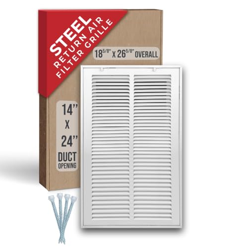 Image of 14 inch X 24 inch Steel Return Air Filter Grille by HANDUA | Removable Face Door HVAC Duct Cover Grill for 1-inch Filter, White | Outer Dimensions: 16.5 inchW X 25.75 inchH