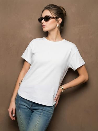 Image of JUNEBERRY Pure 100% Cotton Oversized Loose Fit Drop Shoulder Round Neck Boyfriend Fit Solid Half Sleeves T-Shirt for Women & Girls (Sizes: S to 2XL)