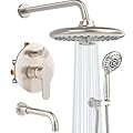 SR SUN RISE 10 Inches Wall Mounted Shower System with Tub Spout Shower Tub Faucets Sets Complete Newer Model High Pressure 8-Spray Rain Shower Head and 6-Setting Handheld Combo, Brushed Nickel