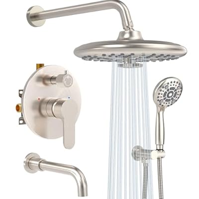 SR SUN RISE 10 Inches Wall Mounted Shower System with Tub Spout Shower Tub Faucets Sets Complete Newer Model High Pressure 8-Spray Rain Shower Head and 6-Setting Handheld Combo, Brushed Nickel