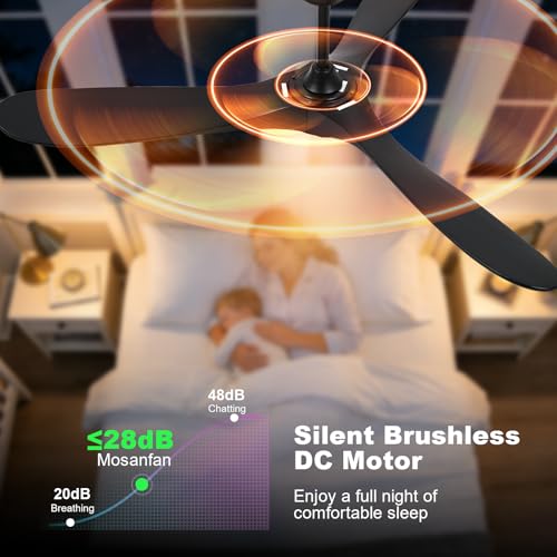 Image of 52 Inch Ceiling Fans with Lights and Remote, Wood Outdoor Ceiling Fan with 6 Speed Noiseless DC Motor, Indoor Modern 3 Blade Propeller Ceiling Fan for Bedroom Living Room Gazebo Patio (Black)