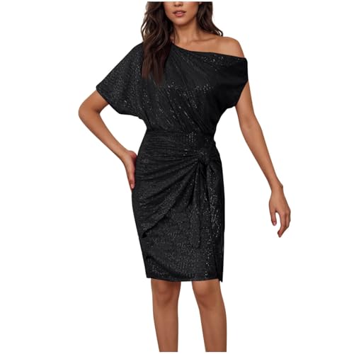 One Shoulder Sequin Dress for Women Sparkly Bodycon Cocktail Knot Party Dresses Ruched Fashion Formal Evening Gowns S-2XL Black
