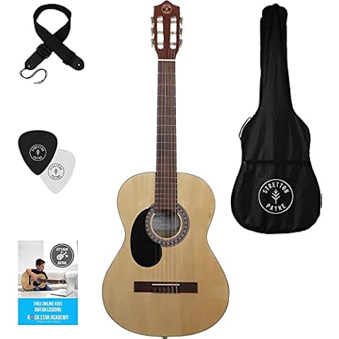 Left Hand Stretton Payne Classical Guitar Full Size 4/4 (39' inch) Spanish Style Classical Acoustic Guitar Package Nylon Strings. Ideal Beginner Acoustic Guitar Pack - Natural Wood Cover