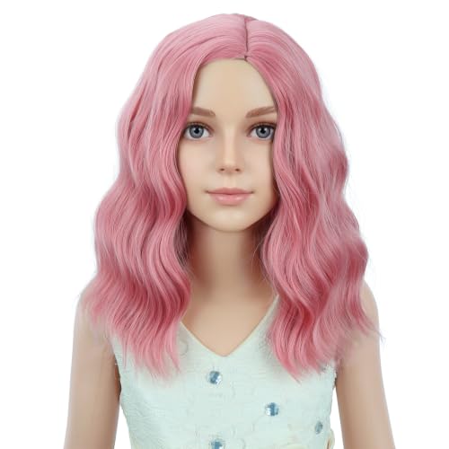 Image of PATTNIUM Pink Wig for Kids Girls Short Curly Wavy Wigs Side Part Shoulder Length Heat Resistant Synthetic Wig Halloween Cosplay Costume Party Daily Wigs
