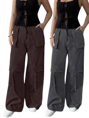 Image of Leriya Fashion Cargo Pants for Woman | Cargo Pants for Women Cotton Wide Leg Utility Fit Flap Pockets | Trousers Fors Women, Relaxed Fit Baggy Pant Airport Outfit for Womens Streetwear Attire